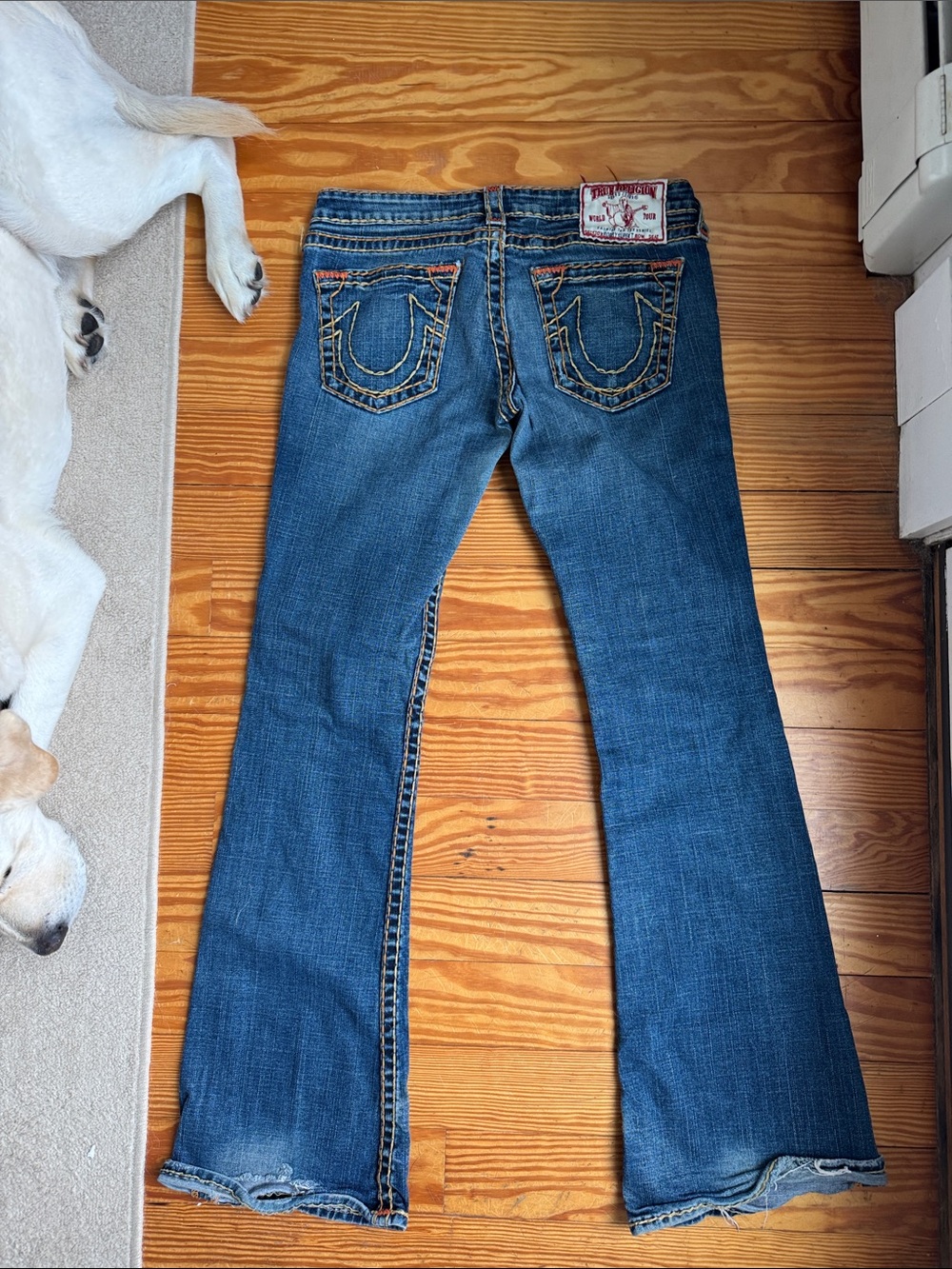 True Religion Women's Medium Blue Flare Jeans with Signature Stitching